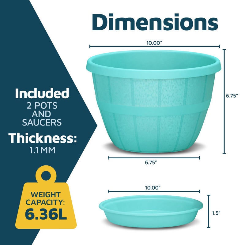 LifeMaster 10-Inch Whiskey Barrel Planters Outdoor Pack of 2 - Durable Plastic Plant Pots for Indoor & Outdoor Use with Drainage & Saucer, Lightweight Rustic Barrel Planters for Flowers, Herbs & Small Plants - Image 2