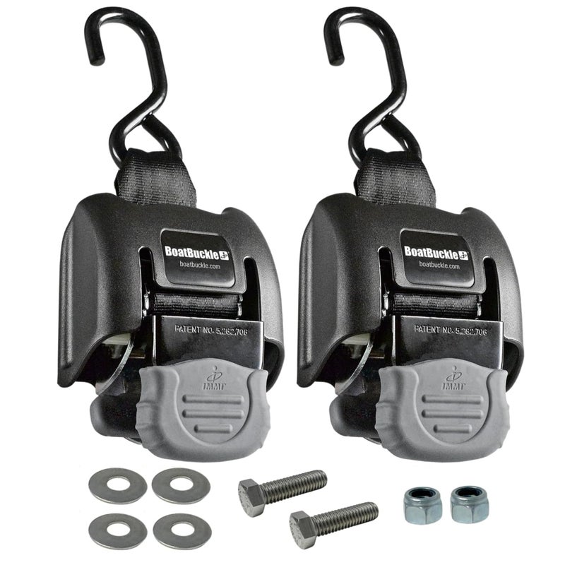 Boatbuckle G2 Transom Boat Tie Down Straps To Trailer 2X43-Inch  2500Lbs Break Strength  Bolt On Retractable Ratchet Straps Heavy Duty  2-Pack - Image 1