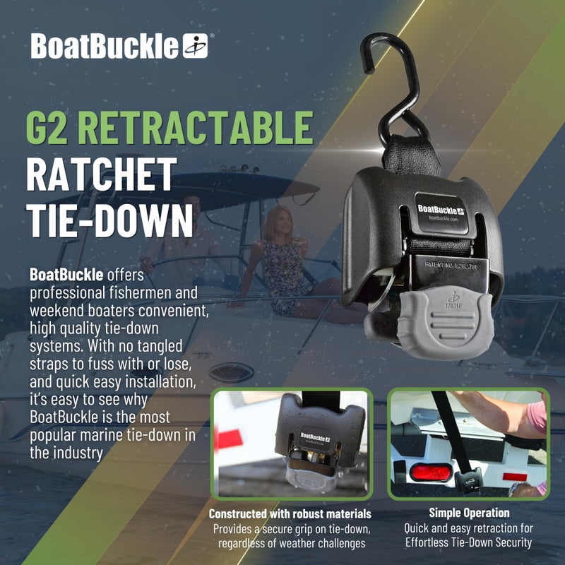 Boatbuckle G2 Transom Boat Tie Down Straps To Trailer 2X43-Inch  2500Lbs Break Strength  Bolt On Retractable Ratchet Straps Heavy Duty  2-Pack - Image 2