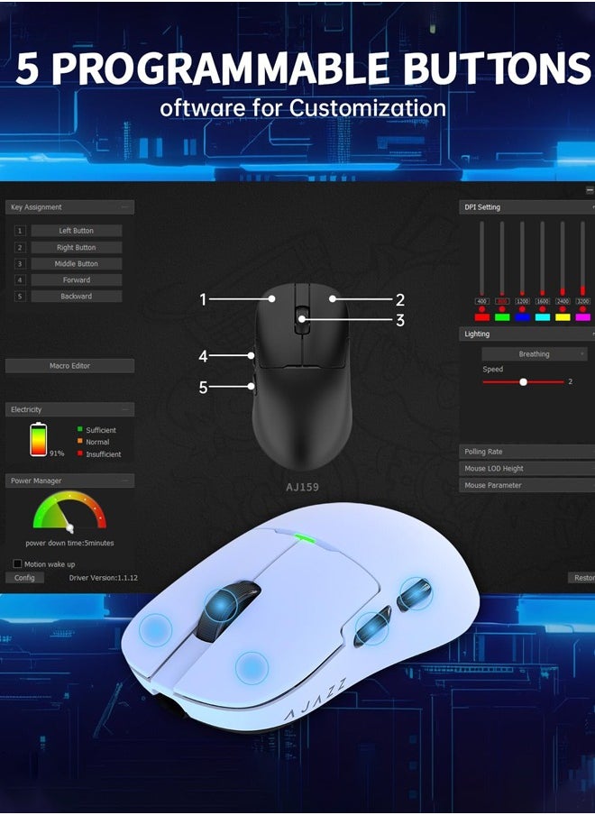 Ajazz - AJ159 Pro Gaming Mouse,2.4Ghz/Wired/Wireless Mice with Magnetic Charging Dock, Ultra-Light 56g, Pixart PAW3395 Sensor, 26000 DPI,  6 Programmable Buttons, 200Hrs Battery, for PC/MAC,white - Image 1