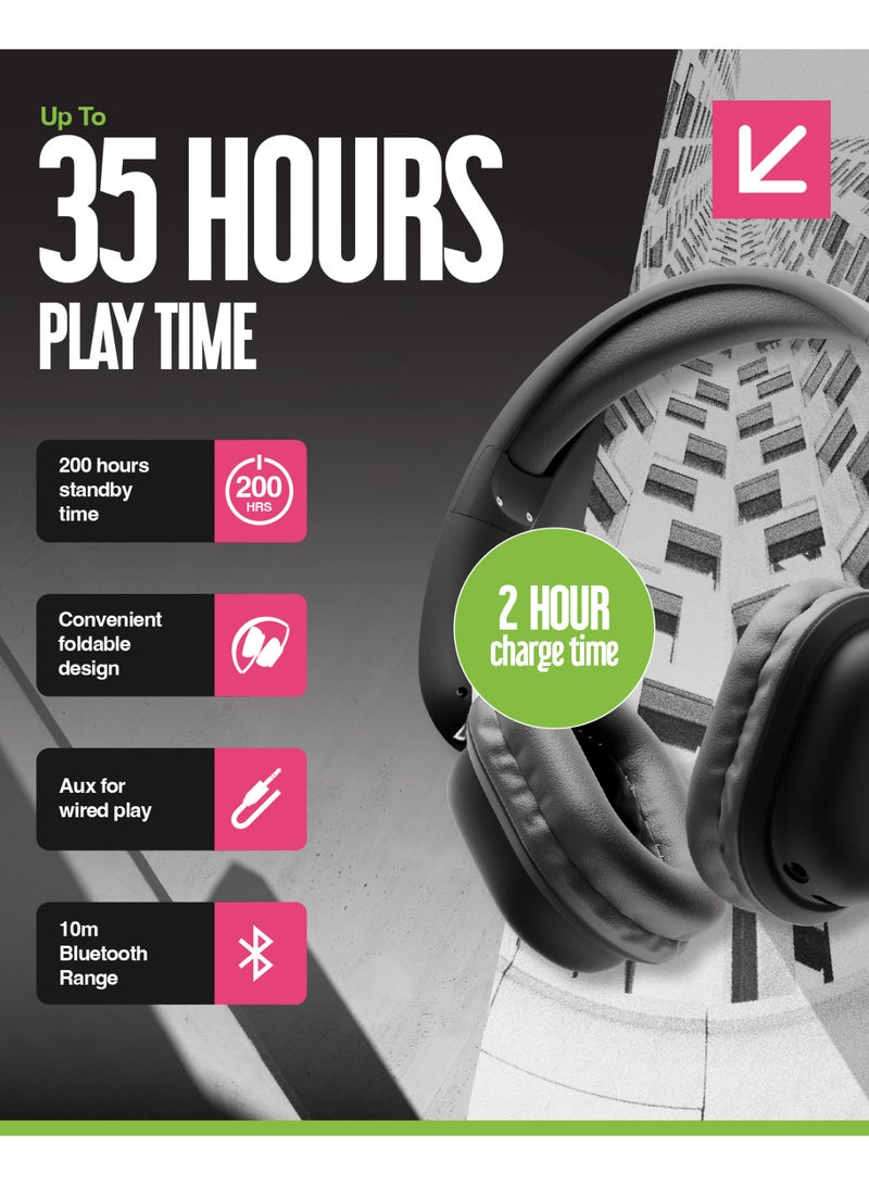 JUICE Wireless Headphones, 35Hr Playtime, Clearer hands-free calling, Foldable Lightweight Headset Batttery Indicator, Noise Cancelling Soft Cushioned Earpads, Wireless Over-Ear Bluetooth, 2hr Fast Charging – Black - Image 4