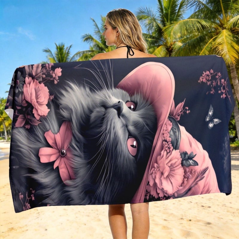 Quick Dry Soft Lightweight Unisex Beach Towel 80x160cm with Cat Wearing Pink Hat Floral Butterfly Design for Swimming Camping Travel - Image 1
