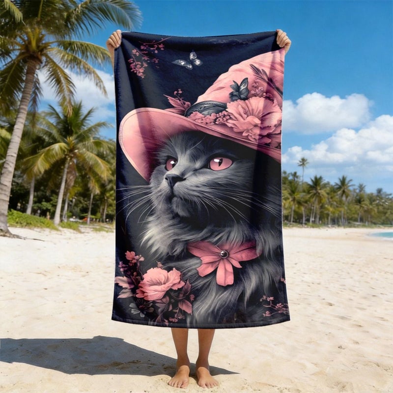 Quick Dry Soft Lightweight Unisex Beach Towel 80x160cm with Cat Wearing Pink Hat Floral Butterfly Design for Swimming Camping Travel - Image 4