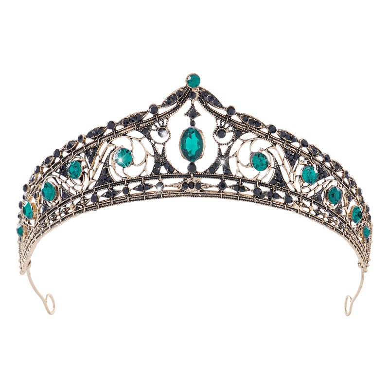 CoTeeZa Medieval Green Crown for Women - Retro Baroque Queen Wedding Crowns for Bride, Fairy Goddess Headwear Rhinestone Hair Accessories for Brithday Halloween Cosplay Party Prom - Image 1