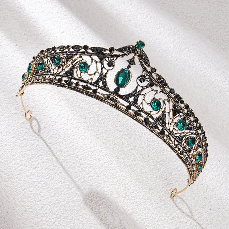 CoTeeZa Medieval Green Crown for Women - Retro Baroque Queen Wedding Crowns for Bride, Fairy Goddess Headwear Rhinestone Hair Accessories for Brithday Halloween Cosplay Party Prom - Image 3