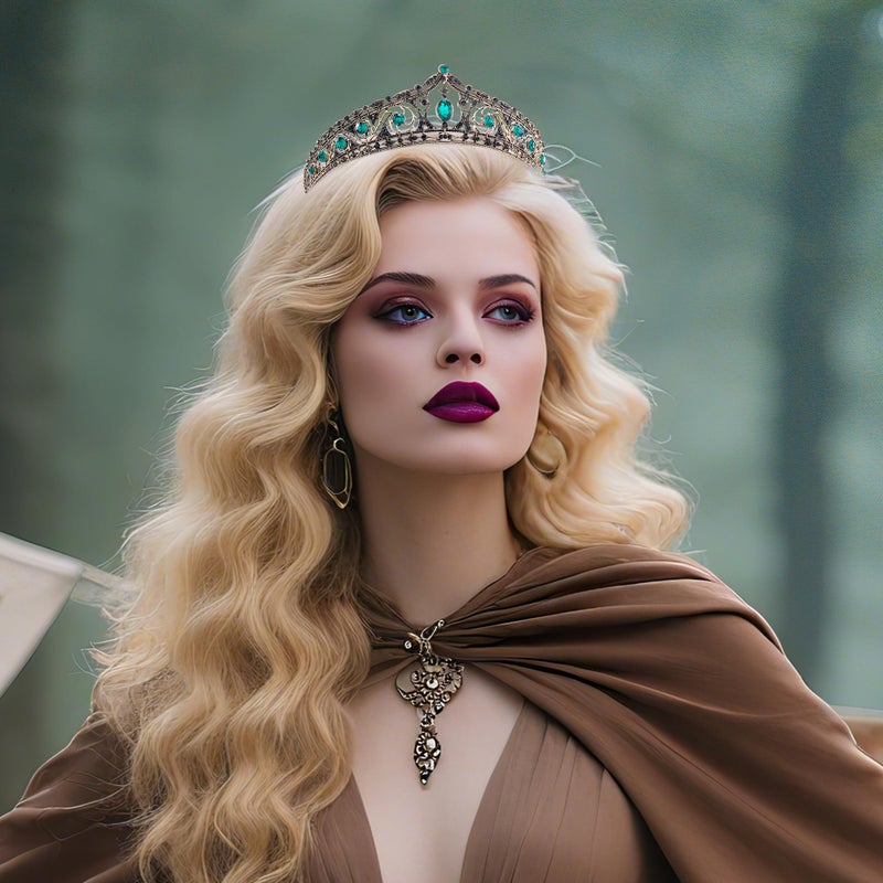 CoTeeZa Medieval Green Crown for Women - Retro Baroque Queen Wedding Crowns for Bride, Fairy Goddess Headwear Rhinestone Hair Accessories for Brithday Halloween Cosplay Party Prom - Image 2