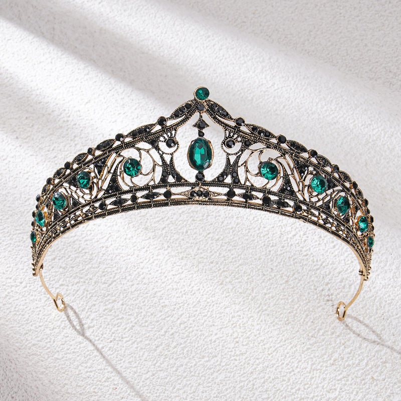 CoTeeZa Medieval Green Crown for Women - Retro Baroque Queen Wedding Crowns for Bride, Fairy Goddess Headwear Rhinestone Hair Accessories for Brithday Halloween Cosplay Party Prom - Image 4