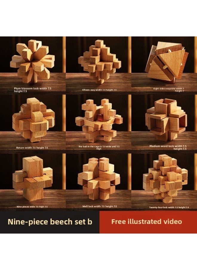 Generic - [48-hour Delivery] Luban Lock Kongming Lock Beech Wood Unlock Unring Children's Building Blocks Toy Men-Color:High-end Beech 9-piece Set B (recommended For Primary School Students) - Image 1