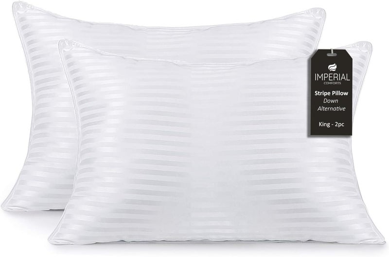 Imperial Comforts Premium Hotel King Size Bed Pillows (Set of 2) – Cooling Down Alternative Stripe Pillows for Back, Stomach and Side Sleepers 50x85cm - Image 1