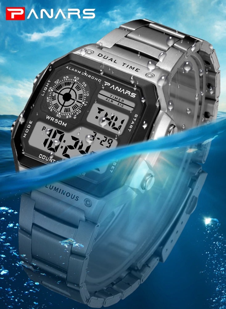 بانارس ساعات رجالية رياضية بسوار من الفولاذ المقاوم للصدأ، ساعة يد رقمية LED مقاومة للماء للرجال، ساعة إلكترونية عصرية وعصرية - Image 3