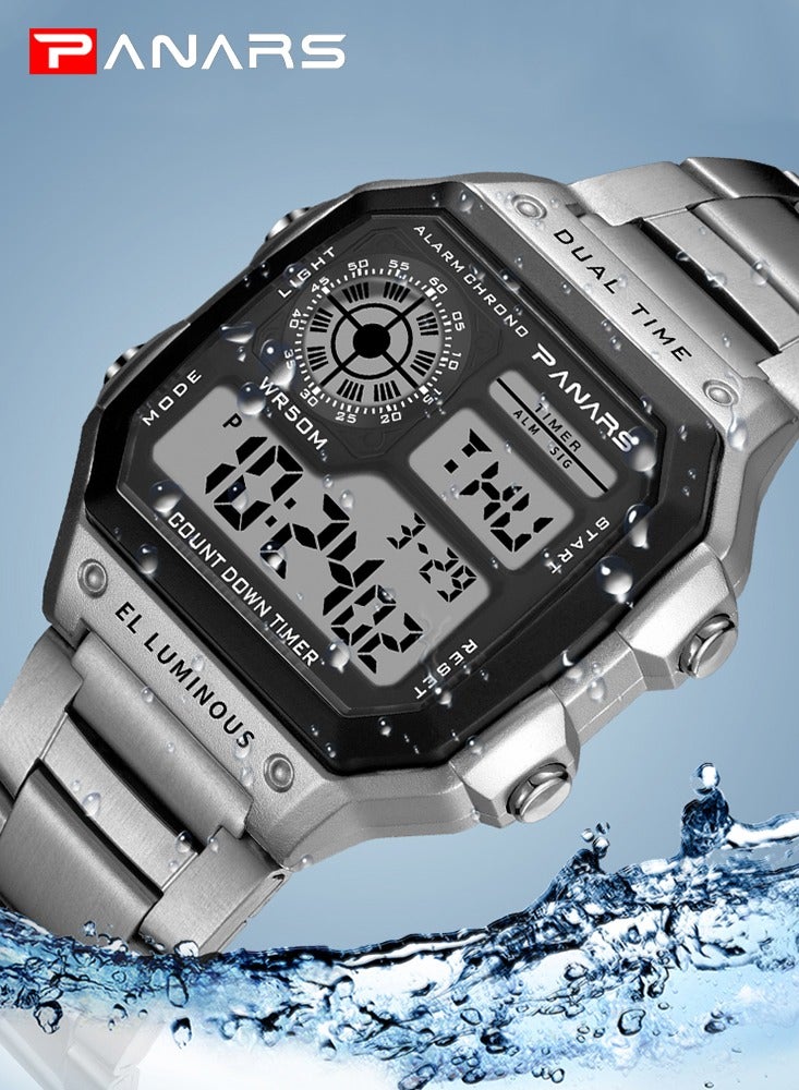 بانارس ساعات رجالية رياضية بسوار من الفولاذ المقاوم للصدأ، ساعة يد رقمية LED مقاومة للماء للرجال، ساعة إلكترونية عصرية وعصرية - Image 2