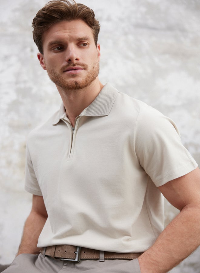 trendyol Stone Regular/Normal Cut Zippered 100% Cotton Polo Neck - Image 1