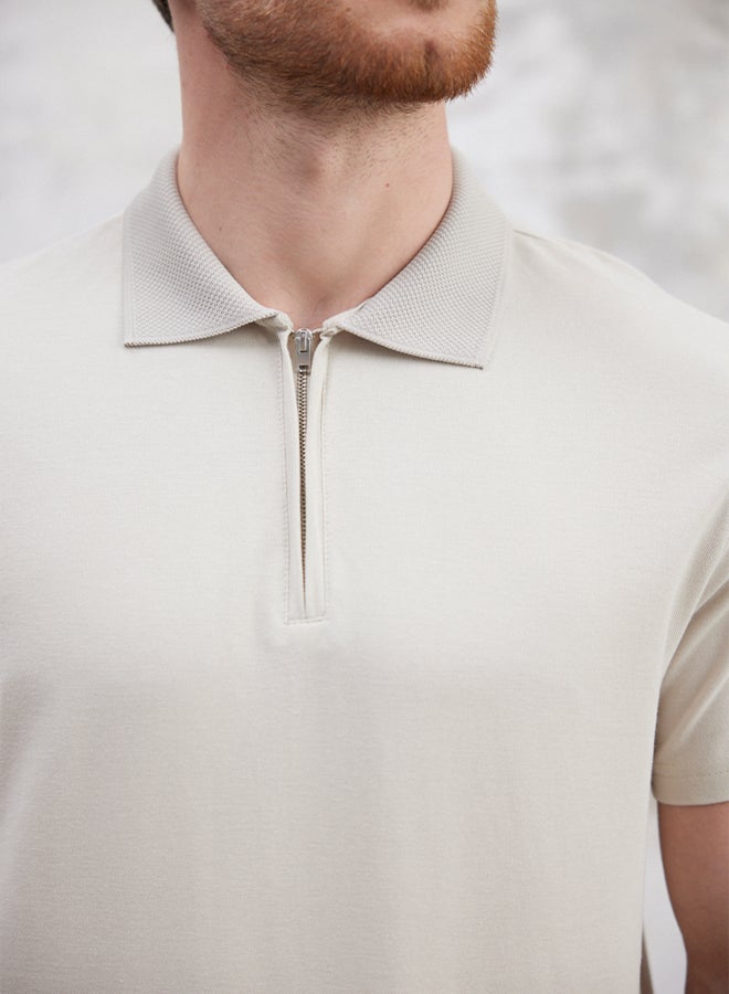 trendyol Stone Regular/Normal Cut Zippered 100% Cotton Polo Neck - Image 3