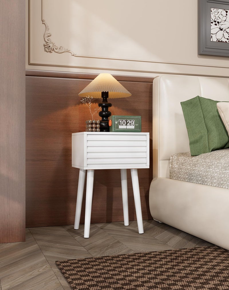 YMYNY Fluted Nightstand Set of 2, Small Bedside Table, Mid-Century Modern End Table, Push-to-Open Door, Solid Wood Legs, 13.78" x 10.63" x 20.87", for Bedroom, White UHST018W-2 - Image 3