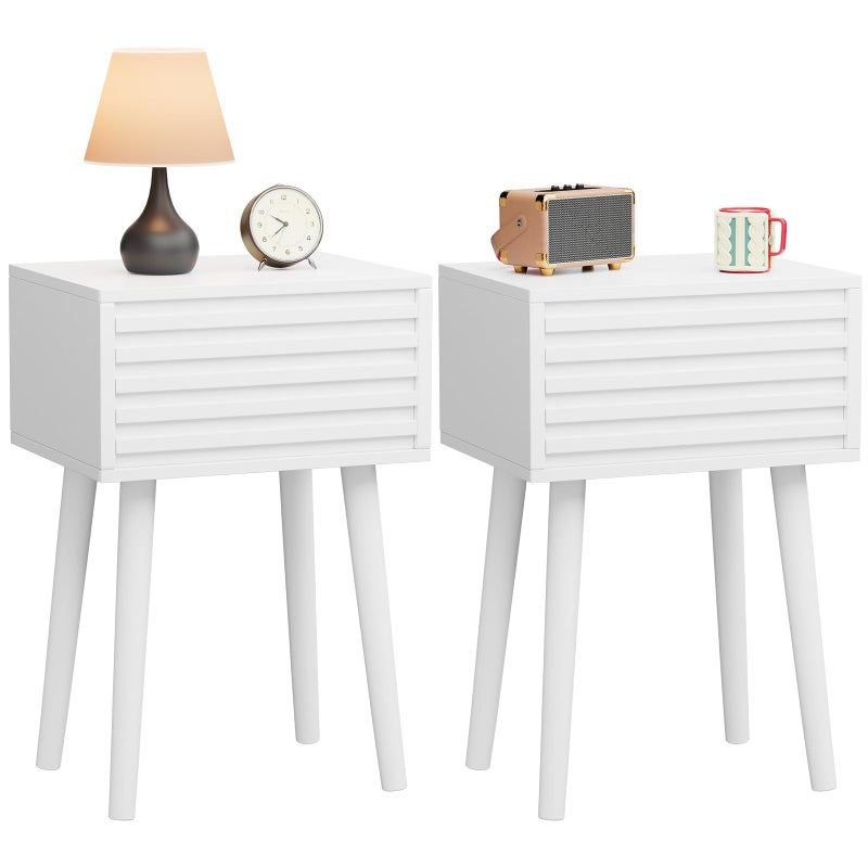 YMYNY Fluted Nightstand Set of 2, Small Bedside Table, Mid-Century Modern End Table, Push-to-Open Door, Solid Wood Legs, 13.78" x 10.63" x 20.87", for Bedroom, White UHST018W-2 - Image 1