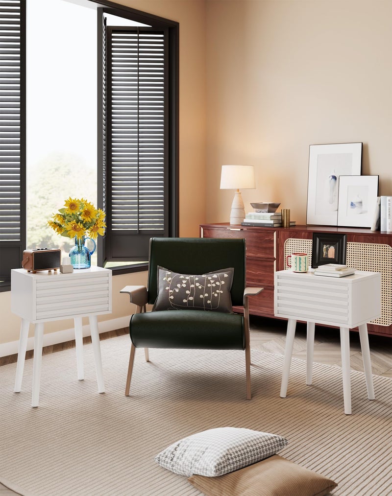 YMYNY Fluted Nightstand Set of 2, Small Bedside Table, Mid-Century Modern End Table, Push-to-Open Door, Solid Wood Legs, 13.78" x 10.63" x 20.87", for Bedroom, White UHST018W-2 - Image 2