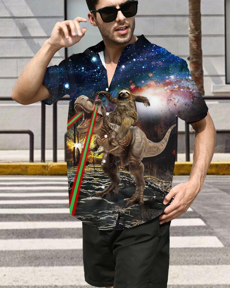 ALISISTER Sloth Hawaiian Shirt Mens Tropical Button Down Shirts Cool Galaxy Dinosaur Blouse Short Sleeved Party Beachwear L - Image 3