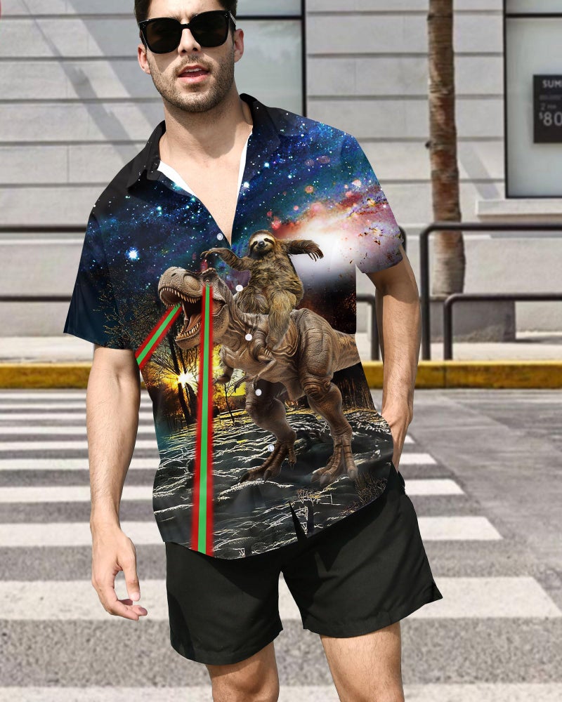 ALISISTER Sloth Hawaiian Shirt Mens Tropical Button Down Shirts Cool Galaxy Dinosaur Blouse Short Sleeved Party Beachwear L - Image 4