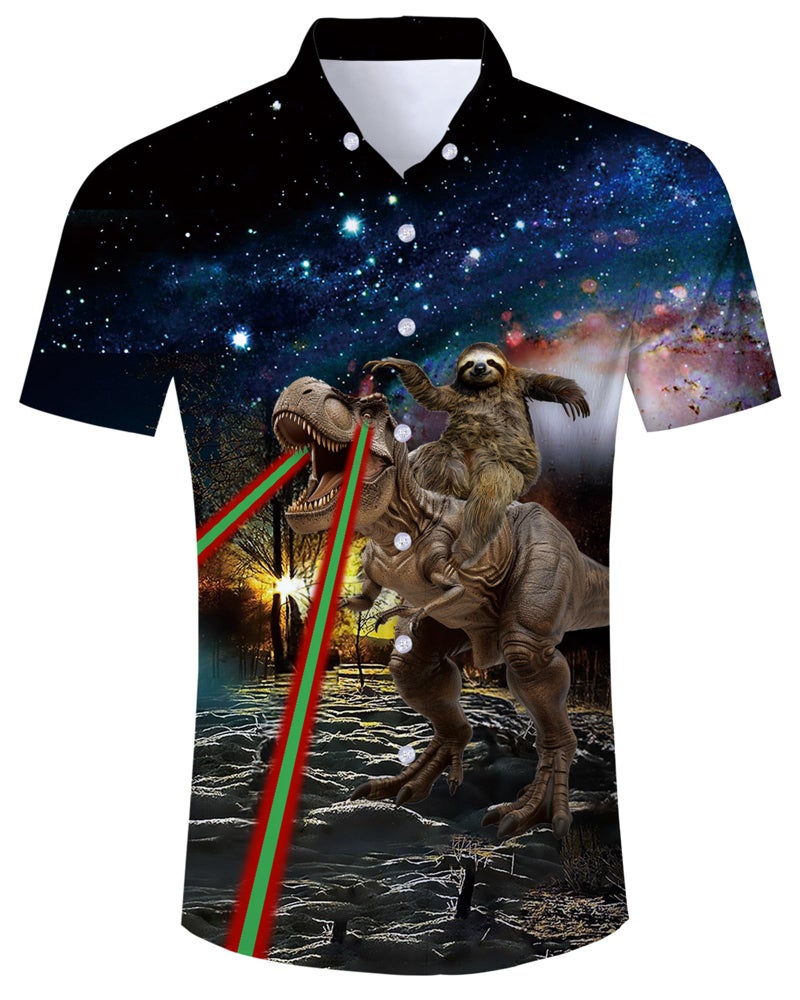 ALISISTER Sloth Hawaiian Shirt Mens Tropical Button Down Shirts Cool Galaxy Dinosaur Blouse Short Sleeved Party Beachwear L - Image 1