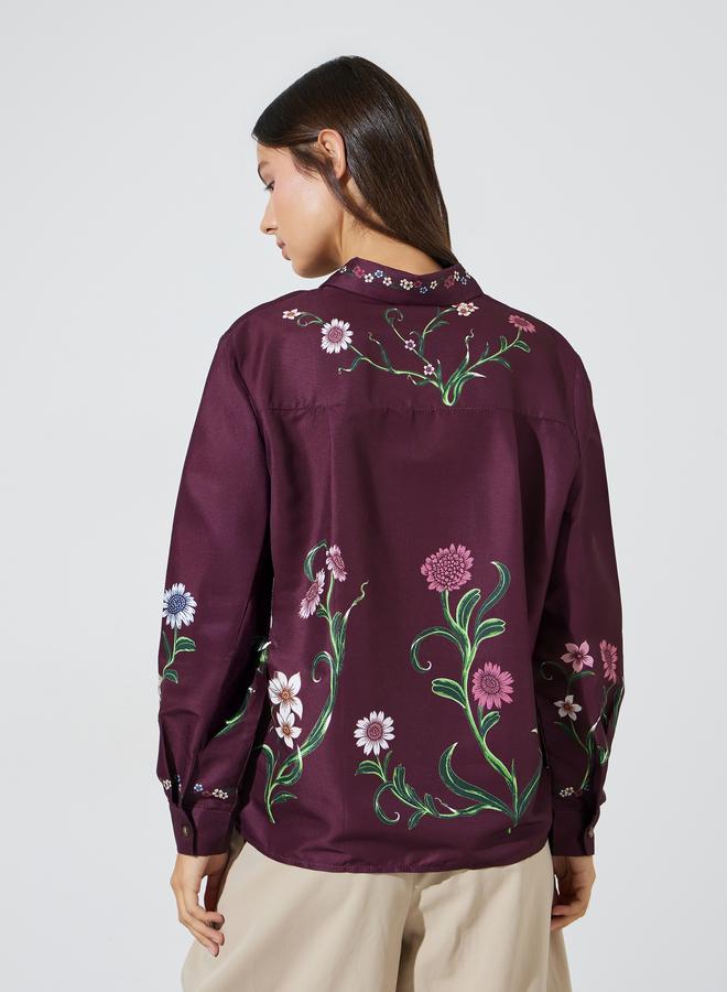 Styli Burgundy Floral Print Long Sleeves Shirt - Image 4