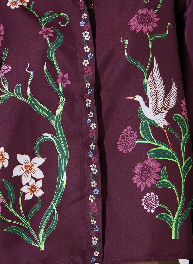 Styli Burgundy Floral Print Long Sleeves Shirt - Image 3