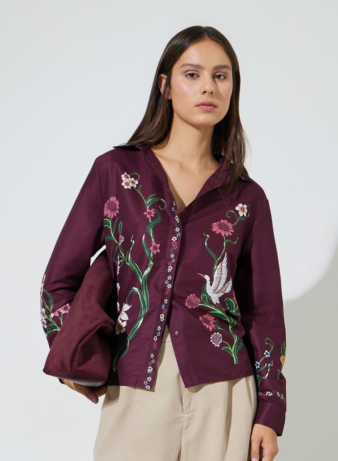 Styli Burgundy Floral Print Long Sleeves Shirt - Image 1