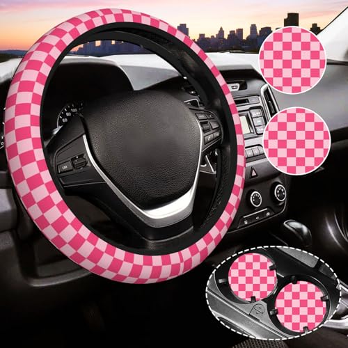 Gwwens Hot Pink Checkered Steering Wheel Cover for Women, Universal Auto Steering Wheel 14-15 Inch Car Interior Accessories with 2PCS Car Coasters, Suitable for Men and Women - Image 1