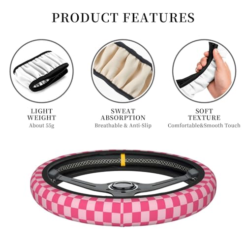 Gwwens Hot Pink Checkered Steering Wheel Cover for Women, Universal Auto Steering Wheel 14-15 Inch Car Interior Accessories with 2PCS Car Coasters, Suitable for Men and Women - Image 4