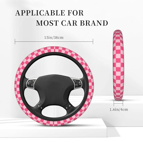 Gwwens Hot Pink Checkered Steering Wheel Cover for Women, Universal Auto Steering Wheel 14-15 Inch Car Interior Accessories with 2PCS Car Coasters, Suitable for Men and Women - Image 3