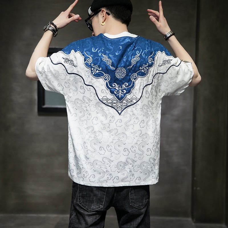 Original Chinese Style Cloud Shoulder Satin Dark Dragon Jacquard Patch Embroidered Batwing Shirt Short Sleeve Men'S Youth T-Shirt 903-P65 - Image 5