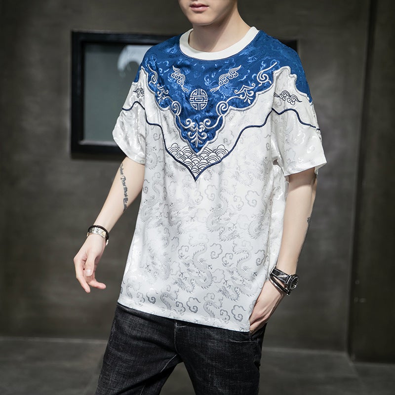 Original Chinese Style Cloud Shoulder Satin Dark Dragon Jacquard Patch Embroidered Batwing Shirt Short Sleeve Men'S Youth T-Shirt 903-P65 - Image 3