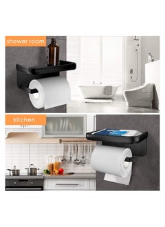 SYOSI Toilet Paper Holder with Shelf-Adhesive Toilet Paper Holder SUS 304 Stainless Steel, Toilet Paper Holder, Toilet Paper Roll Holder or Wall-Mount with Screws for Bathroom (Black)  - Image 2