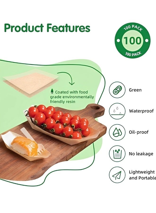 100 PCS Bamboo Wooden Boat Plates Set, Disposable Mini Sushi Boat Serving Trays for Catering and Home Use Eco-Friendly Bamboo Leaf Food Containers 11cm x 7.0cm - Image 3