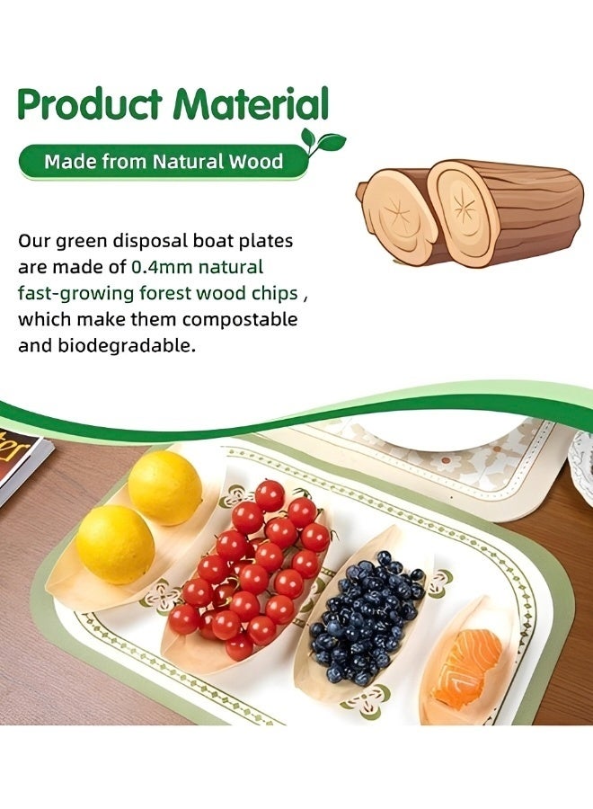 100 PCS Bamboo Wooden Boat Plates Set, Disposable Mini Sushi Boat Serving Trays for Catering and Home Use Eco-Friendly Bamboo Leaf Food Containers 11cm x 7.0cm - Image 2