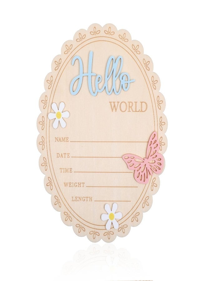 Ajcotahm Hello World Newborn Sign, 5.9 x 4.7 Inch Butterfly Daisy Baby Announcement Sign Wooden Birth Welcome Board for Newborn Boys Girls Photo Props Baby Shower Hospital Nursery - Image 1