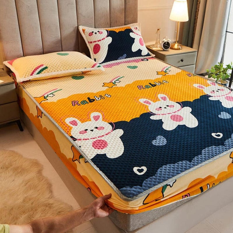 Kid's Sheet Easy-Wash Twin XL,Quilted Bed Mattress Protector Cover with Pillow Case, Winter Warm All-Inclusive Sheet for Bedroom Apartment Bear 120x200cm(3pcs) (Rainbow Full 150x200cm(3pcs)) - Image 1