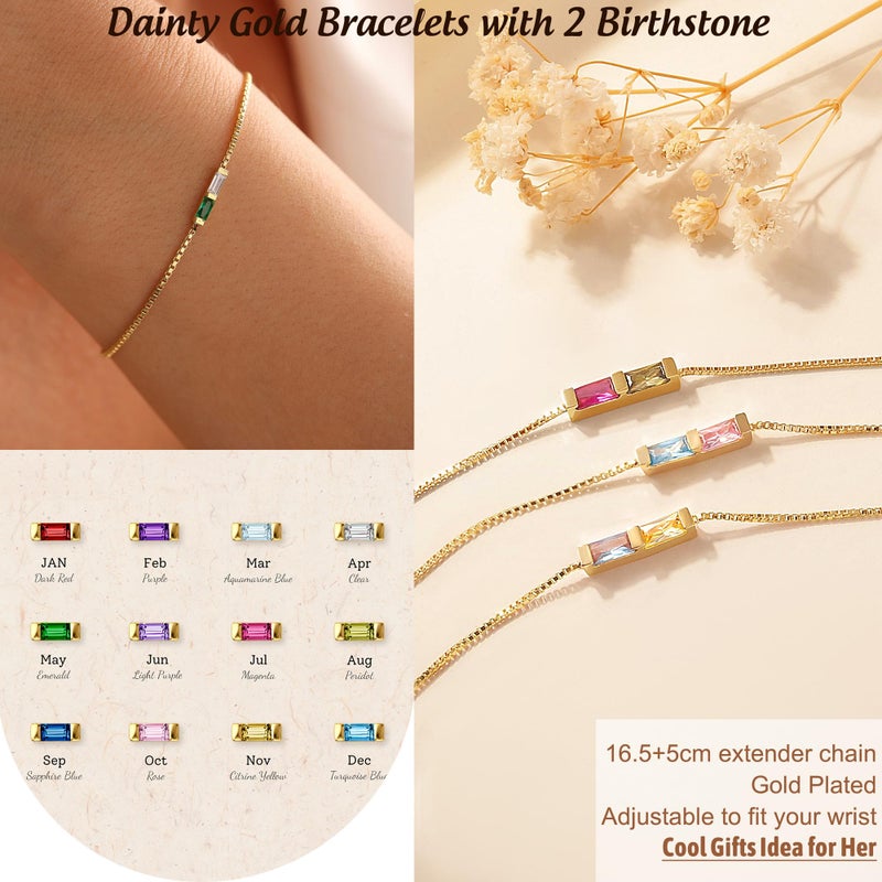 Btysun Granet Birthstone Bracelets for Women, Dainty Gold Bracelet with 2 Birthstone Mom Birthday Gifts Adjustable Stocking Stuffer friend Christmas Gifts Adjustable 14k Plated Bracelet Birthstone Jewelry - Image 3