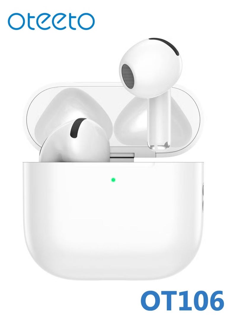 Oteeto OT106 Wireless Bluetooth Earbuds with Bluetooth 5.3, Multi-Functional Touch Control, Built-In Microphone, and Noise Cancellation – Compatible with iPhones and iPads – Premium Sound Quality, Comfortable Fit, White - Image 1
