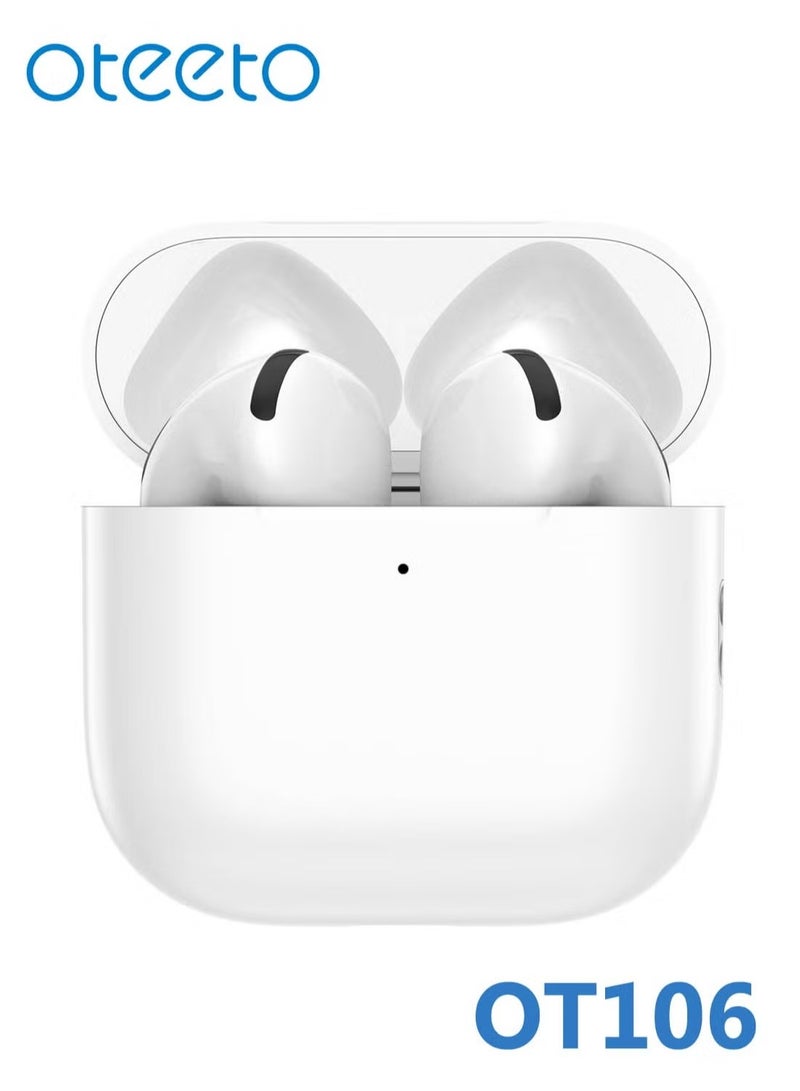 Oteeto OT106 Wireless Bluetooth Earbuds with Bluetooth 5.3, Multi-Functional Touch Control, Built-In Microphone, and Noise Cancellation – Compatible with iPhones and iPads – Premium Sound Quality, Comfortable Fit, White - Image 2