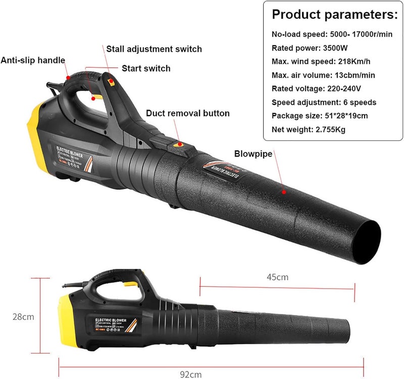 WJYLM Powerful 3500 W Leaf Blower Garden Vacuum Cleaner Wind Speed 218 km/h + 790 m³/h Air Volume, 6 Speeds for Removing Snow, Rubble, Dust and Fallen Leaves, with 3 m Cable - Image 4