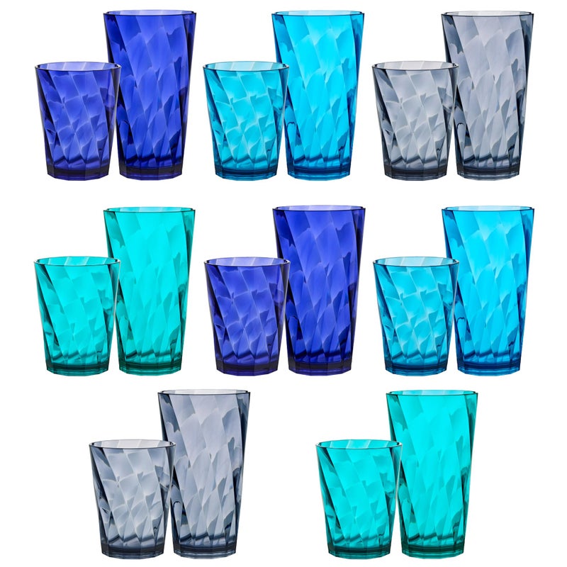 US Acrylic Optix Plastic Reusable Drinking Glasses Set of 16 14oz Rocks  20oz Water Cups in Coastal Colors  BPAFree Tumblers Made in USA  TopRack Dishwasher Safe