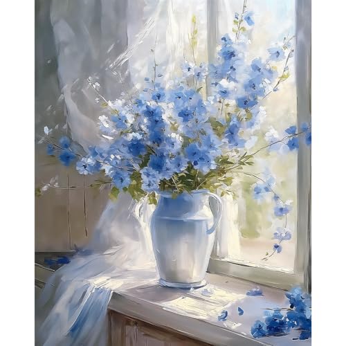 Natuyalo Paint by Numbers Kit for Adults Blue Flower DIY Adult Paint by Number Kits Vase Acrylic Canvas Painting for Adults Beginners Art Crafts Without Frame 16x20 Inch - Image 1