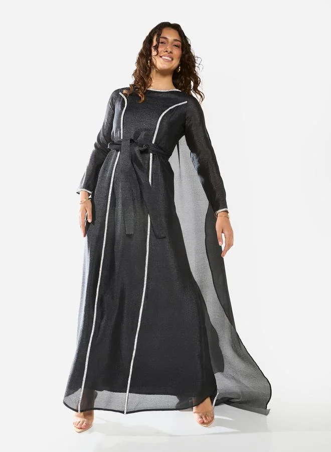 House of Moda Sheer Overlay Tie-Waist A-Line Maxi Dress