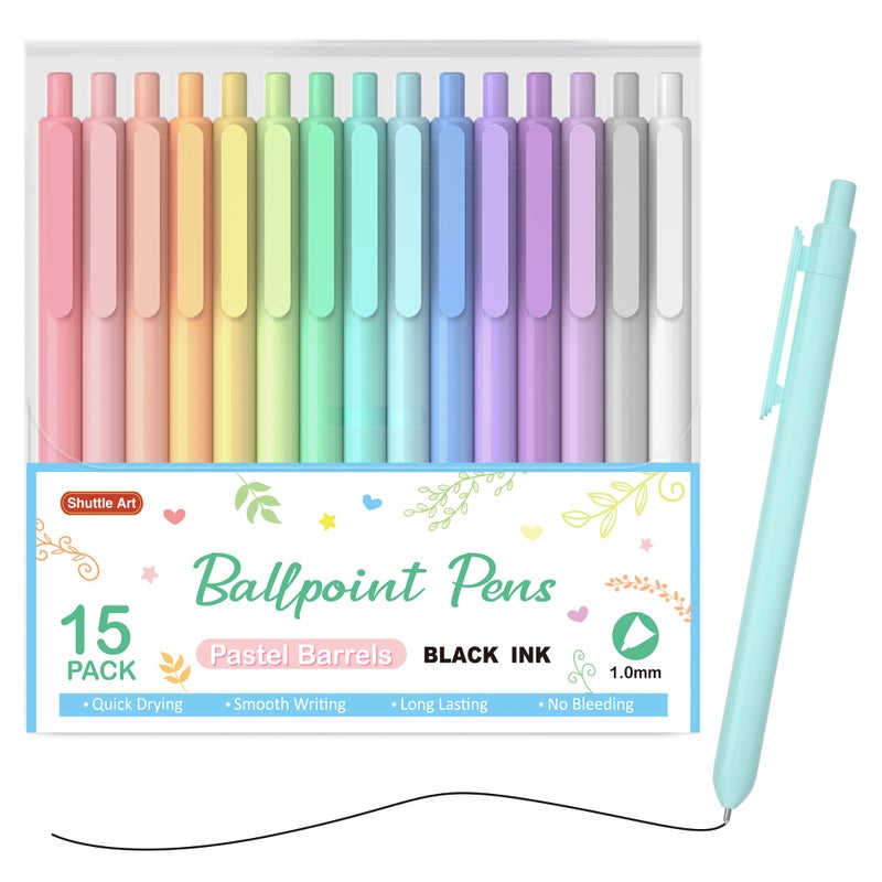 Shuttle Art black ballpoint pens 15 pack, pastel barrel - Image 1