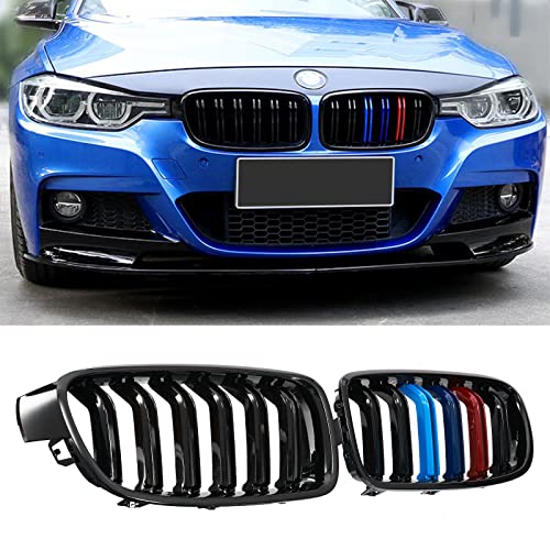 DEKEWEI M Color F30 Grill, Front Kidney Grille for 2012-2018 BMW 3 Series F30 F31 (Double Slats Gloss M Color Grills, 2pcs) - Image 1