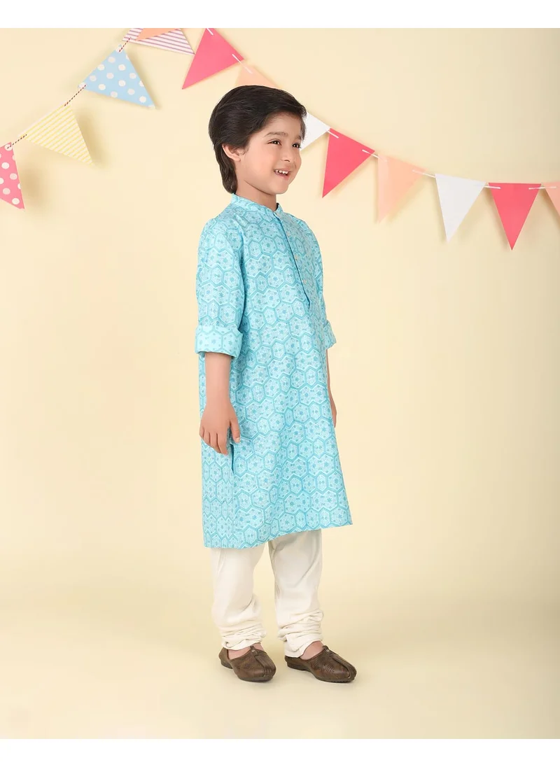 فاب انديا Blue Viscose Blend Hand Block Printed Long Kurta