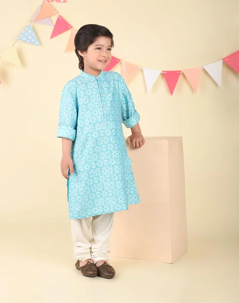Fabindia Blue Viscose Blend Hand Block Printed Long Kurta