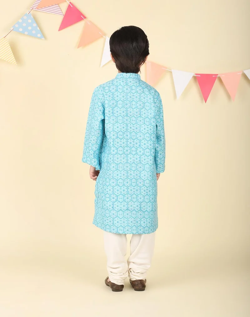 Fabindia Blue Viscose Blend Hand Block Printed Long Kurta