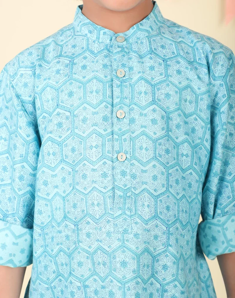 Fabindia Blue Viscose Blend Hand Block Printed Long Kurta