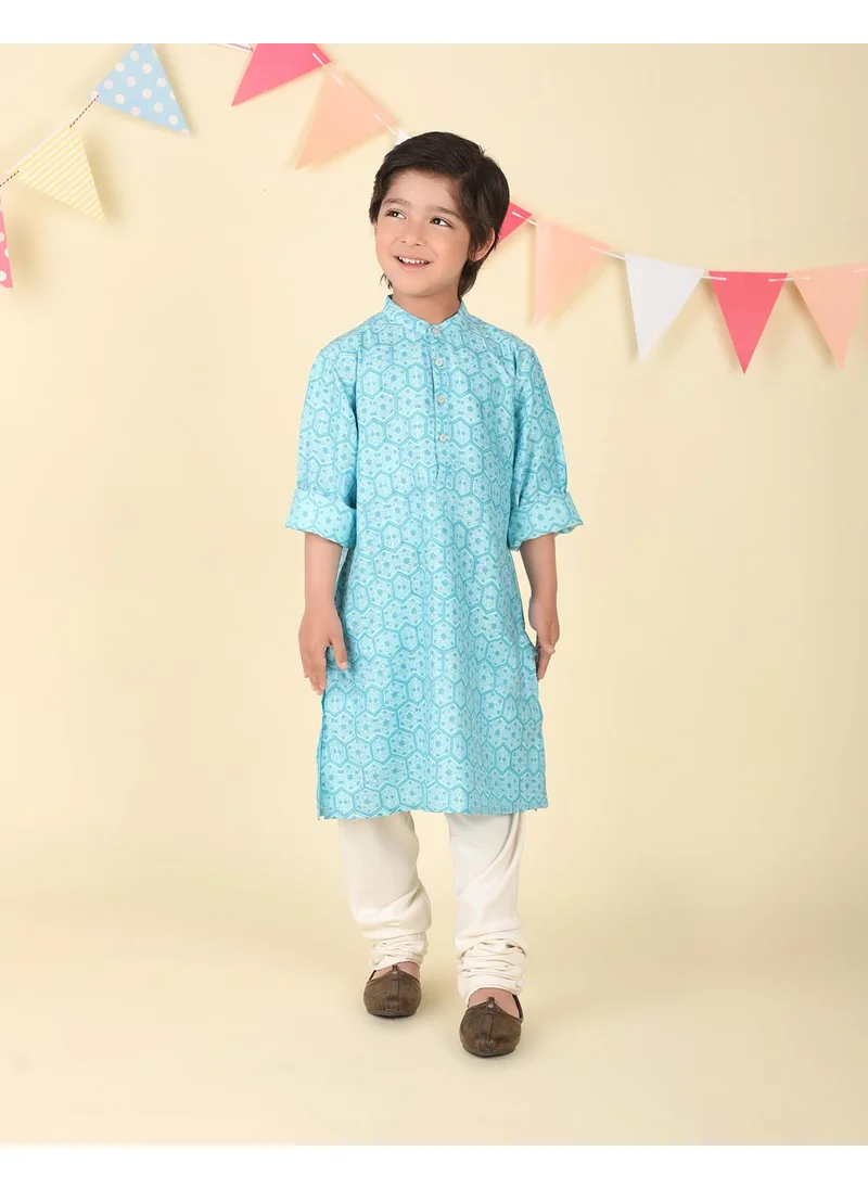 فاب انديا Blue Viscose Blend Hand Block Printed Long Kurta